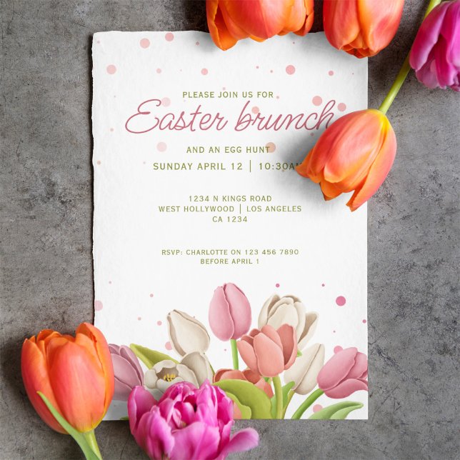 Invitación Flores de primavera de tulipanes blancos de Brunch (Easter Brunch Pink White Tulips Spring Flowers Invitation by Ricaso. Easter egg hunt and brunch card)