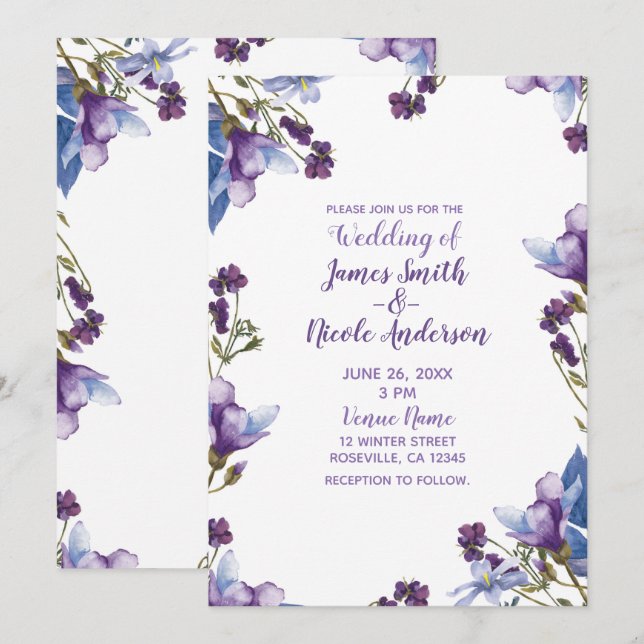 Invitación Flores De Primavera Delicadas Boda Floral Púrpura (Anverso / Reverso)