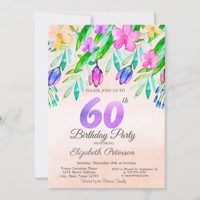 Invitación Flores de primavera en acuarela 60 cumpleaños (Anverso)