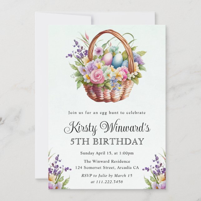 Invitación Flores de primavera en acuarela, cesta de Pascua,  (Anverso)