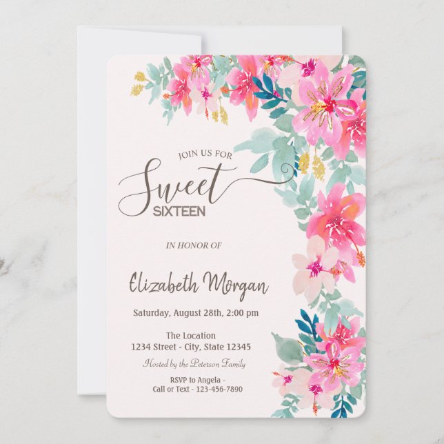 Invitación Flores de primavera en acuarela Cumpleaños dulce 1 (Anverso)