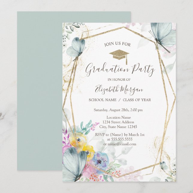 Invitación Flores de primavera, mariposas, gorra de graduació (Anverso / Reverso)
