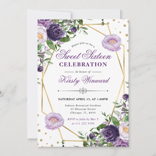 Invitación Flores de primavera moradas y crema Marco Sweet 16 (Anverso)