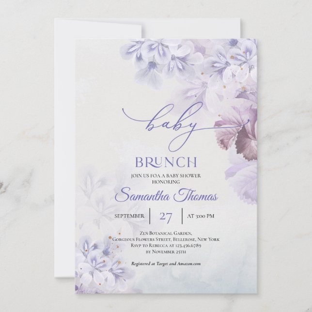 Invitación Flores de primavera púrpura Boho brunch azul bebé  (Anverso)