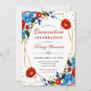 Invitación Flores de primavera rojas y azules marco Quinceañe