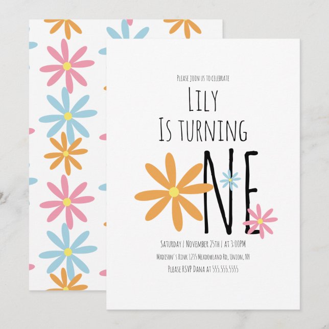 Invitación Flores de primavera rosa azul naranja Primer Cumpl (Anverso / Reverso)