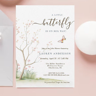 Invitación Flores de primavera rosa mariposa chica Ducha bebé