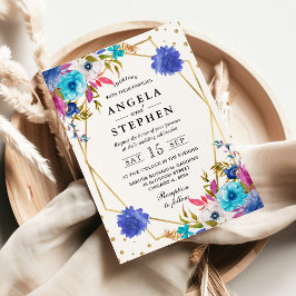Invitación Flores de primavera rosadas y azules en marco de o