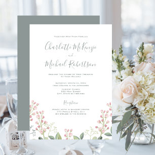 Invitación Flores de primavera, Rubor rosado, verde de menta,