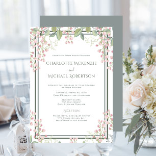 Invitación Flores de primavera, Rubor rosado, verde de menta,