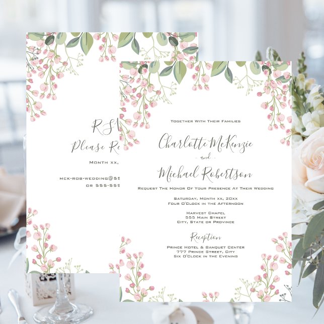 Invitación Flores De Primavera Tinta Floral Rosa Con Boda RSV (Spring Blossoms Pink Floral Mint Green Wedding Invitation)