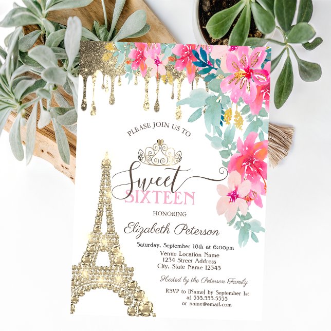 Invitación Flores de primavera Torre Eiffel Dorado Gotea Dulc (Subido por el creador)