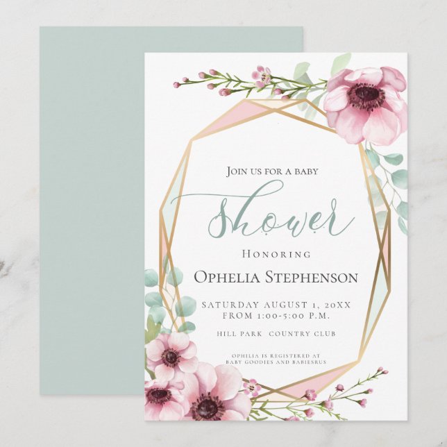 Invitación Flores de primavera y Baby Shower de follaje fresc (Anverso / Reverso)