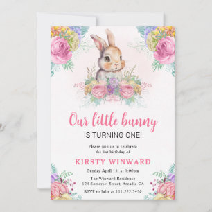 Invitación Flores de primavera y conejo de acuarela cumpleaño
