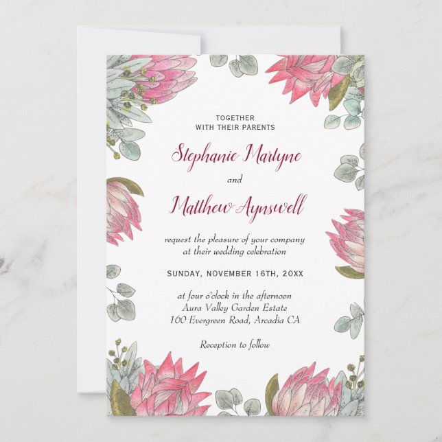 Invitación Flores de Protea Eucalyptus Boda Floral Foliage (Anverso)