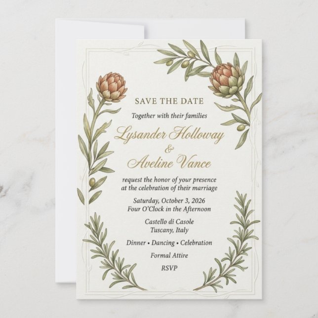 Invitación Flores de Protea, Ramas de Olivo, Ramitas de Romer (Anverso)
