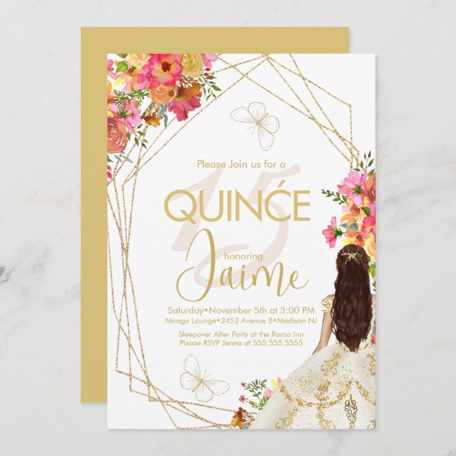 Invitación Flores de Quince Monogramadas Jardín Español (Anverso / Reverso)