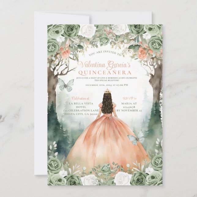 Invitación Flores de Quinceañera 15 Anos, verde y Naranja sab (Anverso)