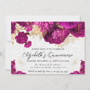 Invitación Flores de Quinceañera de acuarela rosa caliente y