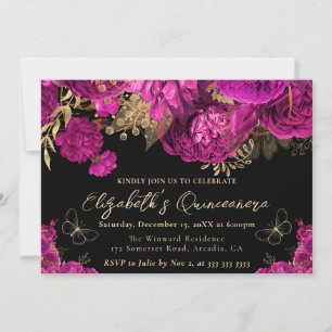 Invitación Flores de Quinceañera de acuarela rosa caliente y