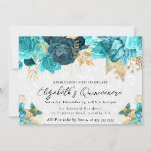 Invitación Flores de Quinceañera en acuarela azul verde y dor