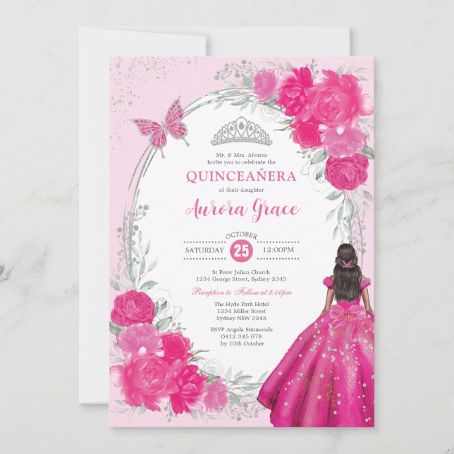 Invitación Flores de Quinceañera Plateadas de Fuchsia Cumplea (Anverso)