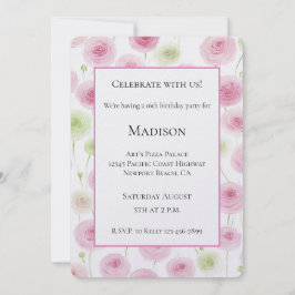 Invitación Flores de Ranunculus Rosa Femeninas Cumpleaños