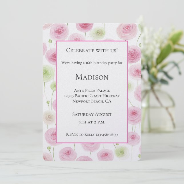 Invitación Flores de Ranunculus Rosa Femeninas Cumpleaños (Anverso de pie)