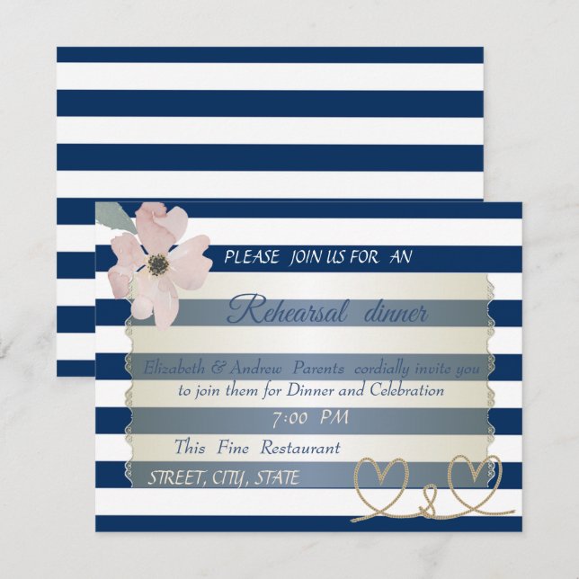 Invitación Flores de Rayas Azul Marino, Cena de Ensayo de Bod (Anverso / Reverso)