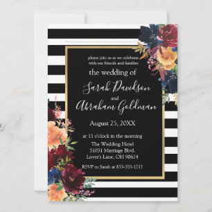 Invitación Flores de rayas negras y blancas Boda de rojo mari