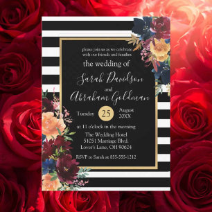 Invitación Flores de rayas negras y blancas Boda de rojo y az