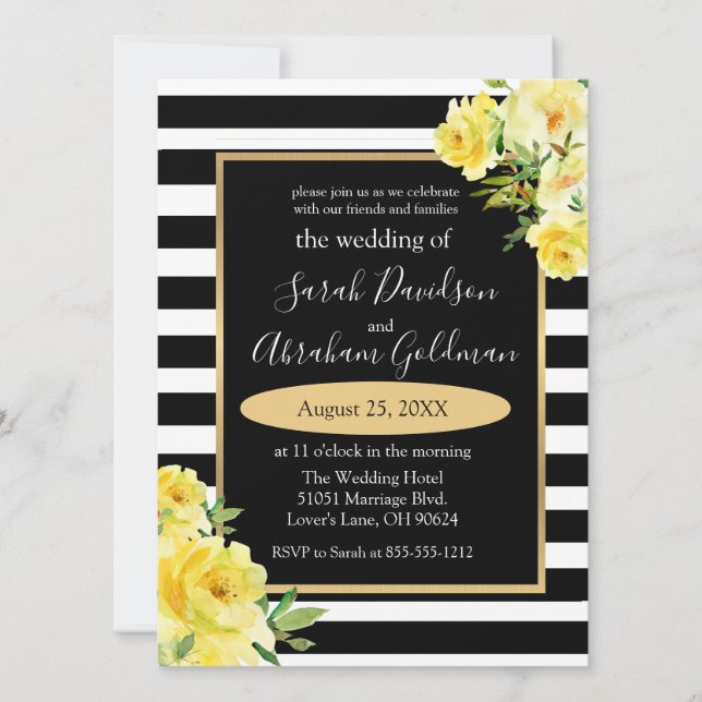 Invitación Flores de rayas negras y blancas Boda Inv (Anverso)