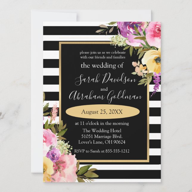 Invitación Flores de rayas negras y blancas Boda Inv (Anverso)
