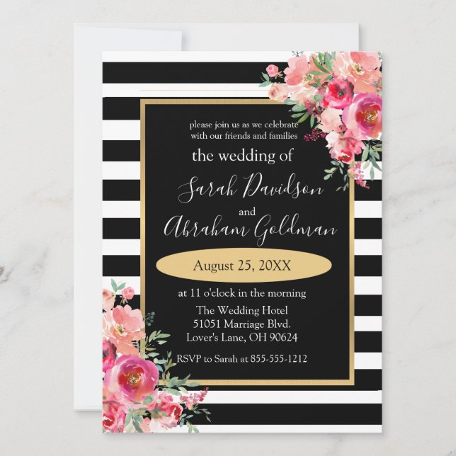 Invitación Flores de rayas negras y blancas Boda Inv (Anverso)
