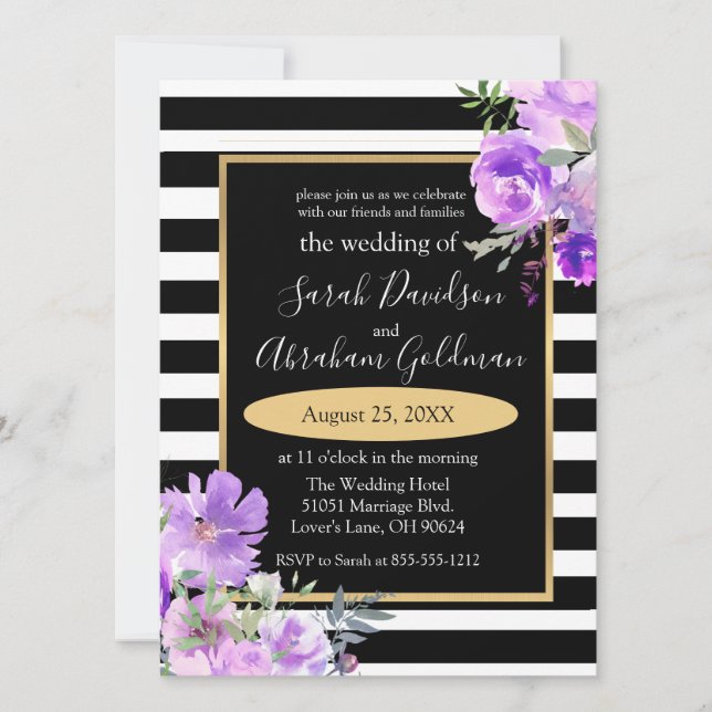 Invitación Flores de rayas negras y blancas Boda Inv (Anverso)
