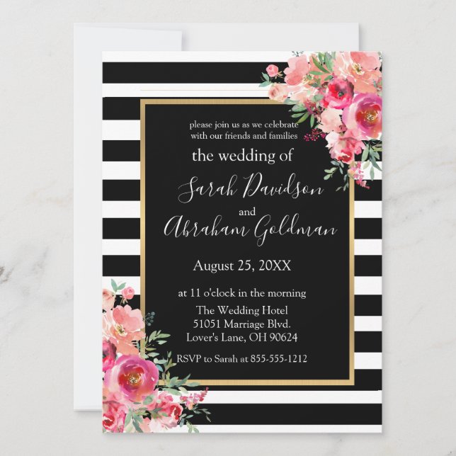Invitación Flores de rayas negras y blancas Boda Inv (Anverso)