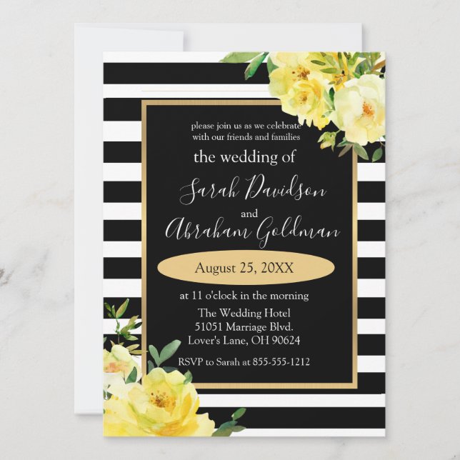 Invitación Flores de rayas negras y blancas Boda Inv (Anverso)