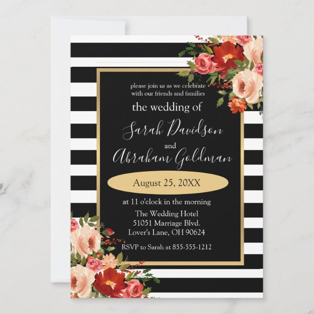 Invitación Flores de rayas negras y blancas Boda Inv (Anverso)