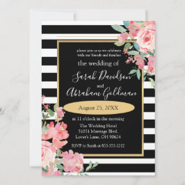 Invitación Flores de rayas negras y blancas Boda Inv