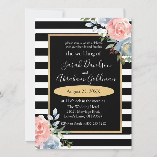 Invitación Flores de rayas negras y blancas Boda Inv (Anverso)