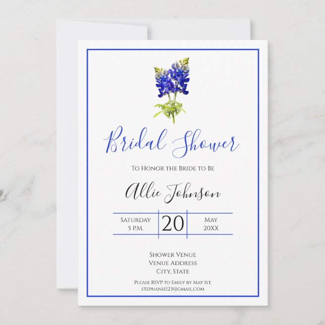 Invitación Flores de Red Azul de Texas, Boda moderno, novia (Anverso)