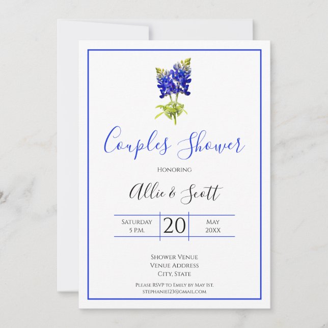 Invitación Flores de Red Azul de Texas, Boda moderno, parejas (Anverso)