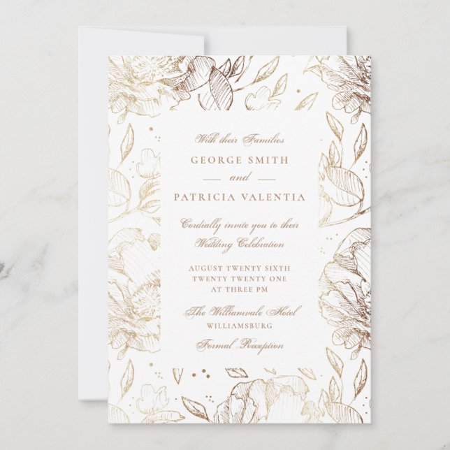 Invitación Flores de Relieve metalizado dorado falsas manos d (Anverso)