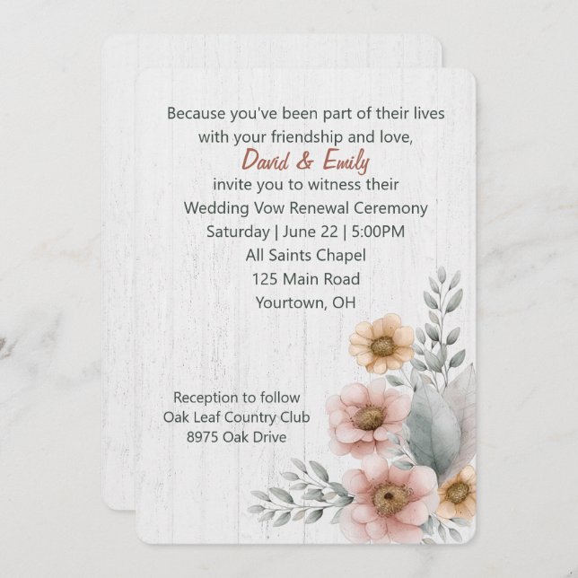 Invitación Flores de renovación de votos sobre madera (Anverso / Reverso)
