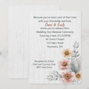 Invitación Flores de renovación de votos sobre madera