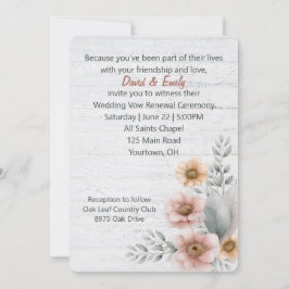 Invitación Flores de renovación de votos sobre madera blanque