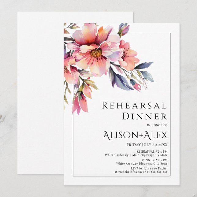 Invitación flores de Rhododenron cena de ensayo de boda (Anverso / Reverso)