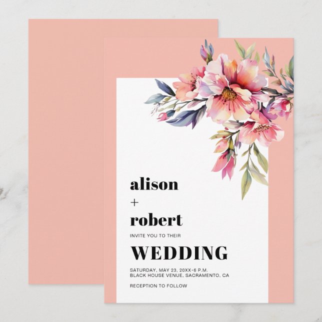 Invitación Flores de rododendro rosadas melocotón boda verde  (Anverso / Reverso)