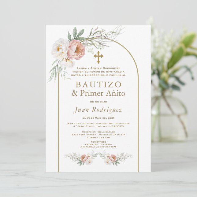 Invitación Flores de Rosa asquerosas españolas bautizan 1er c (Anverso de pie)