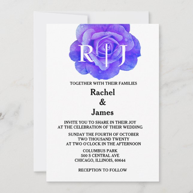 Invitación Flores de Rosa azul floral monograma matrimonio el (Anverso)
